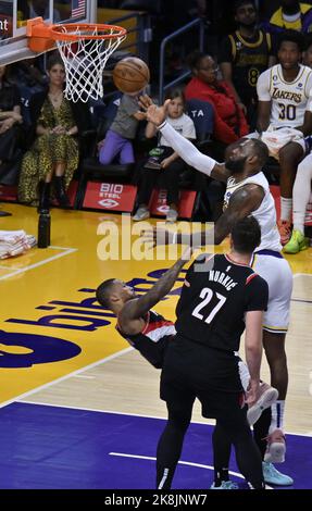 Los Angeles, United States. 23rd Oct, 2022. Los Angeles Lakers' forward LeBron James (6) jscores over Portland Trail Blazers' guard Damian Lillard during the first half of their NBA game at Crypto.com Arena in Los Angeles on Sunday, October 23, 2022. Photo by Jim Ruymen/UPI Credit: UPI/Alamy Live News Stock Photo