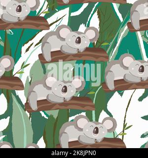 Seamless pattern with cute koala baby on color background. Funny australian animals. Card, postcards for kids. Flat vector illustration for fabric Stock Vector