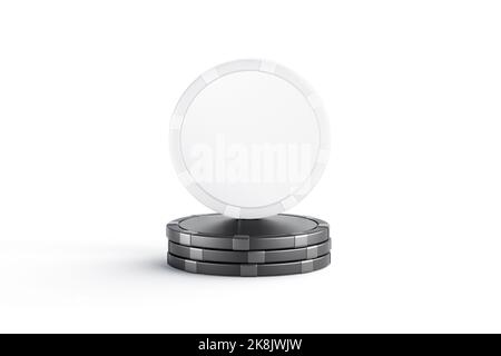 Blank white plastic round chip mockup stand on black stack, 3d rendering. Empty heap of casino gamble token mock up, isolated, front view. Clear badge Stock Photo