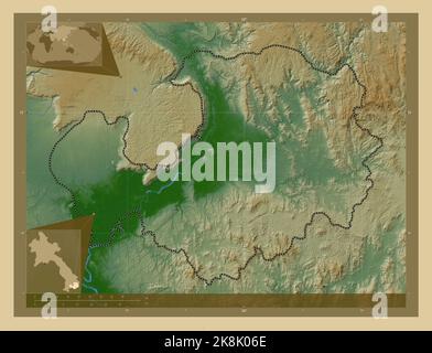 Attapu, province of Laos. Colored elevation map with lakes and rivers. Corner auxiliary location maps Stock Photo