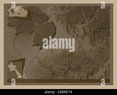 Attapu, province of Laos. Elevation map colored in sepia tones with lakes and rivers. Corner auxiliary location maps Stock Photo