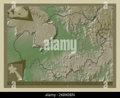 Attapu, province of Laos. Elevation map colored in wiki style with lakes and rivers. Locations of major cities of the region. Corner auxiliary locatio Stock Photo