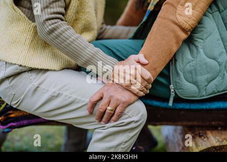 Mid section of senior couple sitting on bench and hugging each other. Stock Photo