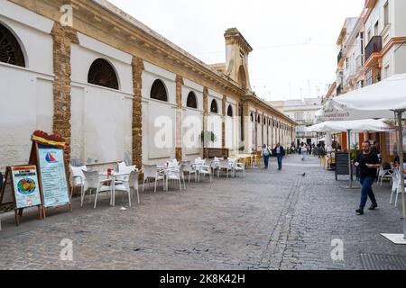 Cadiz covered food market, Entrance Mercado Central de Abastos, building Cadiz, Andalucia, Spain. Stock Photo