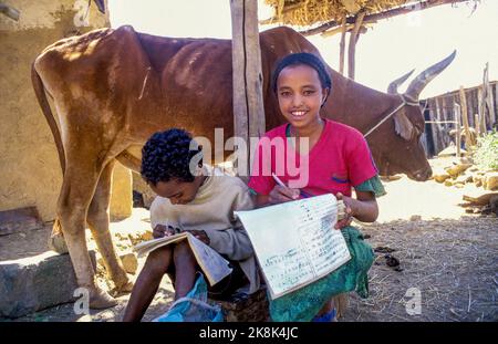 Ethiopia, Tigray; doing homework Stock Photo