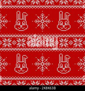Knitted seamless pattern for 2023 new year of the rabbit. Vector background with cute bunnies, snowflakes and scandinavian ornaments. Stock Vector