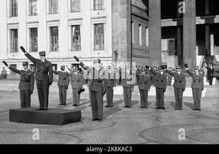 WW2 Oslo 19411025. In Norway from 1941, the Labor Service was made compulsory for men of conscripts. Higher officers do the Nazi greeting at the Labor Service's defilation at the University Square October 25, 1941. ***** Mandatory Employment Service for Norwegian Conscript Men. Military Parade October 25, 1941. Photo: Aage Kihle / NTB Stock Photo