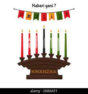 Kinara, a candlestick with 7 traditional Kwanzaa candles. Festive flags with Kwanzaa symbols. Habari Gani - Swahili Translation - What is the news. Fl Stock Vector