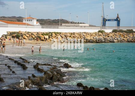 Tarifa Beach, With sunbathers at Atlantic ocean, Playa chica at Tarifa,, Andalusia, Spain Stock Photo