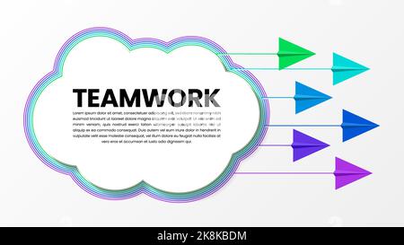 Teamwork concept. 6 paper planes pull a cloud together. Vector illustration Stock Vector