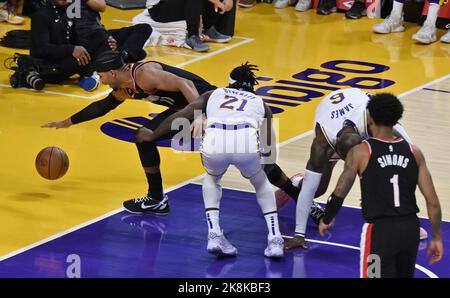 Los Angeles, United States. 23rd Oct, 2022. Portland Trail Blazers' forward Josh Hart loses the ball out of bounds under pressure from Los Angeles Lakers guard Patrick Beverly during the second half of their NBA game at Crypto.com Arena in Los Angeles on Sunday, October 23, 2022. Photo by Jim Ruymen/UPI Credit: UPI/Alamy Live News Stock Photo