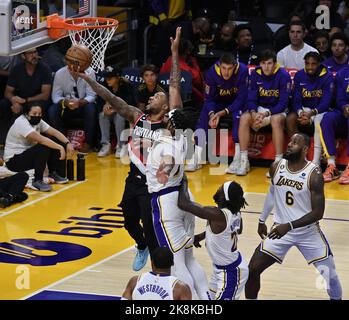 Los Angeles, United States. 23rd Oct, 2022. Portland Trail Blazers' guard Damian Lillard scores on Los Angeles Lakers center Anthony Davis during the second half of their NBA game at Crypto.com Arena in Los Angeles on Sunday, October 23, 2022. Photo by Jim Ruymen/UPI Credit: UPI/Alamy Live News Stock Photo