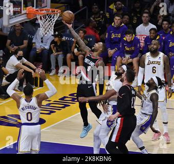 Los Angeles, United States. 23rd Oct, 2022. Portland Trail Blazers' guard Damian Lillard score amid a sea of Los Angeles Lakers defenders during the second half of their NBA game at Crypto.com Arena in Los Angeles on Sunday, October 23, 2022. Photo by Jim Ruymen/UPI Credit: UPI/Alamy Live News Stock Photo