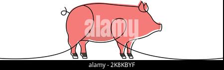 Pig one line colored continuous drawing. Piggy silhouette. Farm animal one line colorful illustration. Vector minimalist linear illustration. Stock Vector