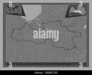 Zemgale, province of Latvia. Bilevel elevation map with lakes and rivers. Locations and names of major cities of the region. Corner auxiliary location Stock Photo