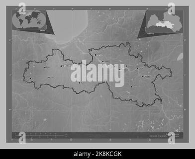 Zemgale, province of Latvia. Grayscale elevation map with lakes and rivers. Locations and names of major cities of the region. Corner auxiliary locati Stock Photo