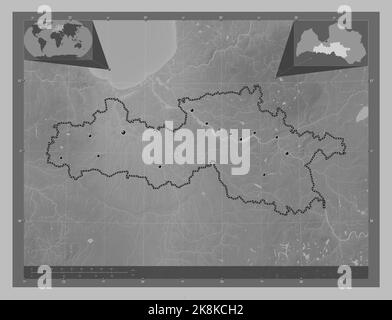 Zemgale, province of Latvia. Grayscale elevation map with lakes and rivers. Locations of major cities of the region. Corner auxiliary location maps Stock Photo