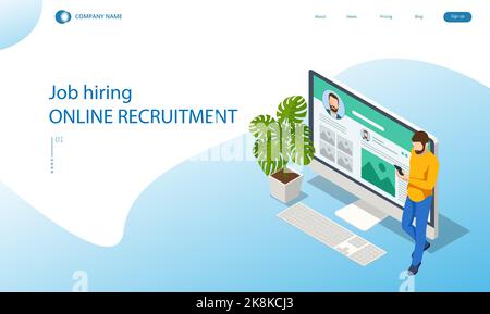 Isometric hiring and recruitment concept for web page, banner, presentation. Job interview, recruitment agency. HR job seeking Stock Vector