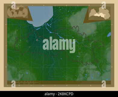 Zemgale, province of Latvia. Colored elevation map with lakes and rivers. Locations of major cities of the region. Corner auxiliary location maps Stock Photo