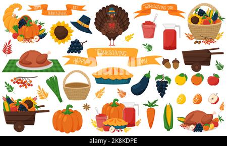 A set of elements and compositions with Thanksgiving symbols. Turkey, basket with vegetables and fruits, cornucopia, festive ribbon. Cartoon vector il Stock Vector