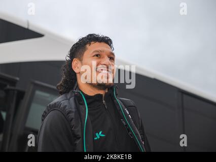 New Zealand Dallin Watene-Zelezniak arrives at the Halliwell Jones Stadium Rugby League World Cup 2021 Stock Photo