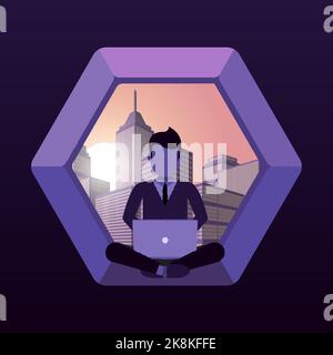 Man sitting in a futuristic window with computer. Vector illustration Stock Vector
