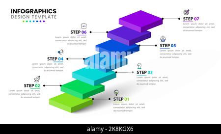 Infographic template with icons and 7 options or steps. Staircase. Can be used for workflow layout, diagram, banner, webdesign. Vector illustration Stock Vector