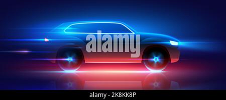 Fast moving SUV car with blue and red glowing neon lights rushing at high speed, vector illustration. Energetic automotive horizontal poster banner design. Stock Vector