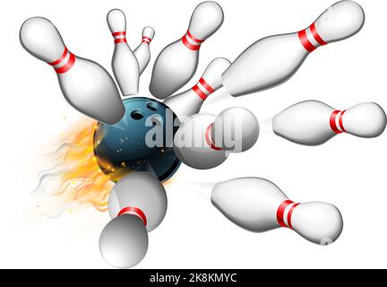 Flame Bowling Ball Strike with Ten Pins Stock Vector