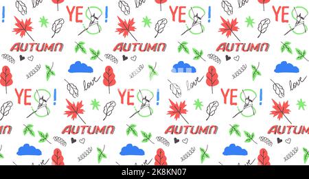 Doodles in notepad - autumn theme vector scribbles, seamless pattern Stock Vector