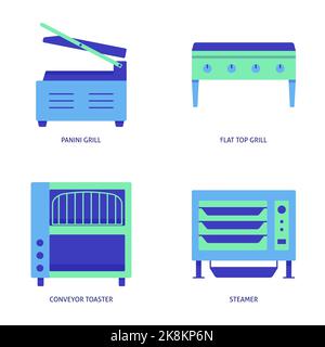 Kitchen equipment icon set in flat style. Grill, toaster and steamer symbols. Vector illustration. Stock Vector