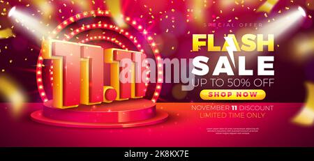 11 November Shopping Day Flash Sale Design with 3d 11.11 Number and Stage Podium on Red Background. Vector Special Offer Illustration for Coupon Stock Vector