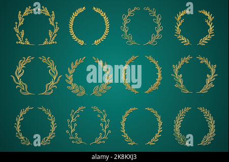 Gold ornamental branch wreathes set in hand drawn design. Laurel leaves wreath and decorative branch bundle. Different types of herbs, twigs, and Stock Vector