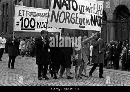 Oslo 19690501 1 May Demonstrations in Oslo. Here's the first May train on the way past the Storting. Poster with the text 'NATO out of Greece, Norway out of NATO.' Photo: / NTB / NTB Stock Photo