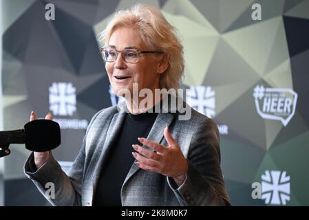 Calw, Germany. 24th Oct, 2022. Federal Defense Minister Christine Lambrecht (SPD) makes a statement during her visit to the Special Forces Command (KSK). The minister finds out about the status of implementation of the reform package and about the unit's performance. Credit: Bernd Weißbrod/dpa/Alamy Live News Stock Photo