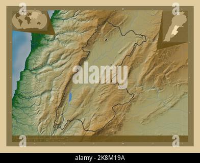 Beqaa, governorate of Lebanon. Colored elevation map with lakes and rivers. Locations of major cities of the region. Corner auxiliary location maps Stock Photo