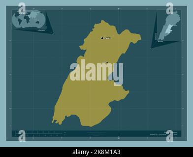 Beqaa, governorate of Lebanon. Solid color shape. Locations and names of major cities of the region. Corner auxiliary location maps Stock Photo