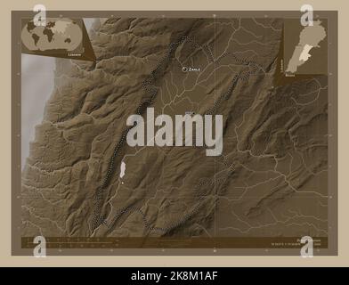 Beqaa, governorate of Lebanon. Elevation map colored in sepia tones with lakes and rivers. Locations and names of major cities of the region. Corner a Stock Photo