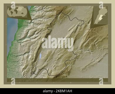 Beqaa, governorate of Lebanon. Elevation map colored in wiki style with lakes and rivers. Locations of major cities of the region. Corner auxiliary lo Stock Photo