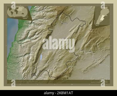 Beqaa, governorate of Lebanon. Elevation map colored in wiki style with lakes and rivers. Locations and names of major cities of the region. Corner au Stock Photo