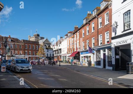 Street view to the Market Place in Romsey town centre, Hampshire, England, UK, with shops, cafes and businesses Stock Photo