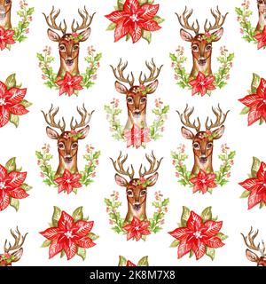 Seamless pattern close up deer in Christmas wreath. Hand drawn watercolor illustration for Christmas and New Year season. For print and design cards, Stock Photo