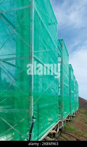 Cloud harvesting, fog catching nets, netting used to collect water from low clouds/mist/fog in mountains on Gran Canaria, Canary Islands, Spain Stock Photo