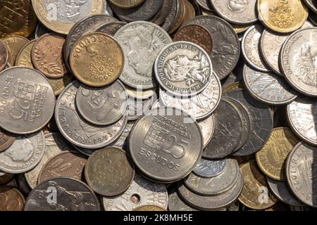 Group of ancient coins. Metallic money in the form of coins out of circulation. Stock Photo
