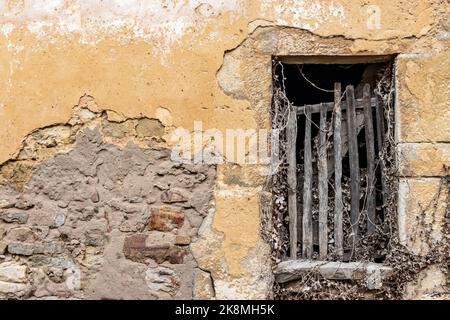 Old wooden door in an abandoned house. Old construction in disuse. Stock Photo