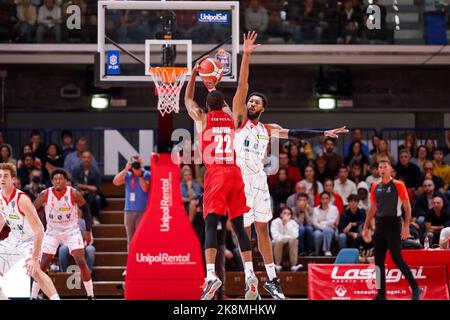 PalaBigi, Reggio Emilia, Italy, October 22, 2022, Markel Brown (Openjobmetis Varese), Mikael Hopkins (Unahotels Pallacanestro Reggiana)  during  UNAHO Stock Photo