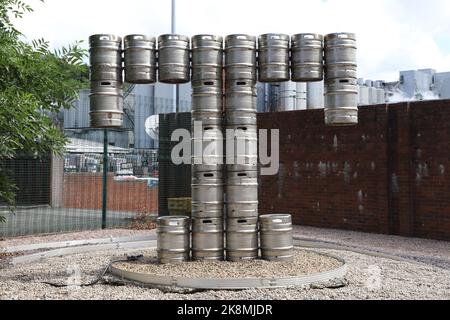 Tennents T made of beer barrels outside Tennent Caledonian Breweries Glasgow Scotland July 2022 Stock Photo