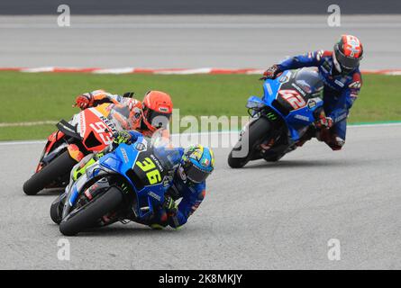 SEPANG, Malaysia. , . #36 SUZUKI, MIR Joan, SPA, Team SUZUKI ECSTAR, #93 HONDA, MARQUEZ Marc, SPA, Repsol Honda Team, #42 SUZUKI, RINS Alex, SPA, Team SUZUKI ECSTAR, MOTO GP class, during the DORNA & FIM Moto GP Championship 2022 Round 19. Sepang circuit, Malaysian Motorcycle Grand Prix on Sunday 23. October 2022. picture & copyright © Nikolaz GODET/ATP images (GODET Nikolaz/ATP/SPP) Credit: SPP Sport Press Photo. /Alamy Live News Stock Photo