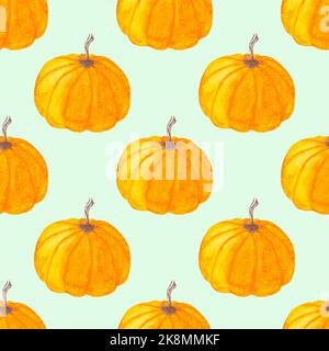 Pumpkins on the light green background, seamless background with watercolor pumpkins, watercolor raster Thanksgiving or Halloween pattern Stock Photo