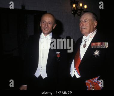 Oslo July 2, 1983. King Olav is 80 years old. Here from the gala dinner at Akershus Fortress. King Olav with Prime Minister Kåre Willoch. Photo: NTB Stock Photo